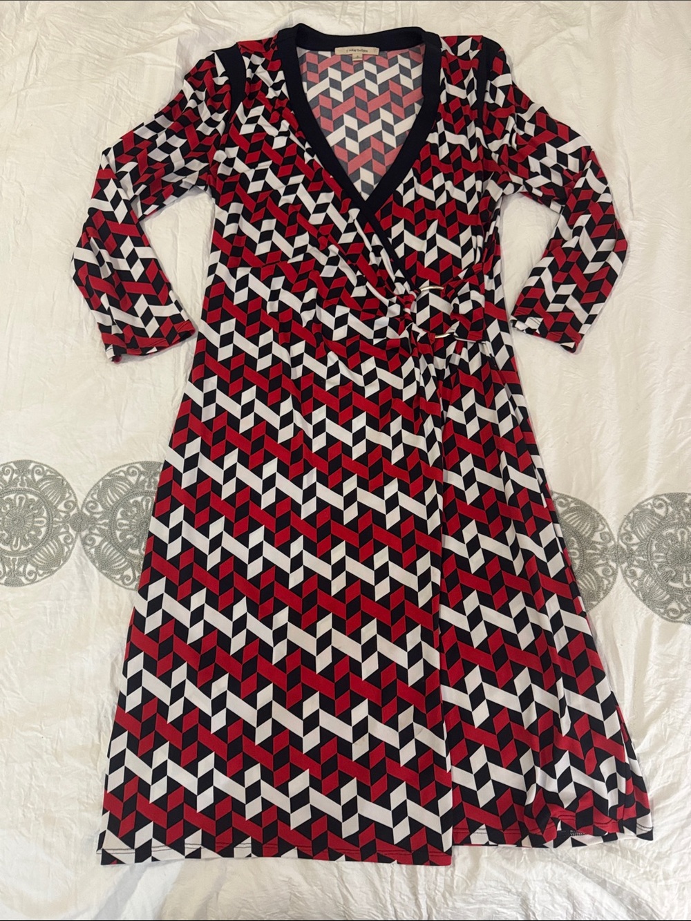41 Hawthorn Red, Black & White Geometric Faux-Wrap Long Sleeve Dress